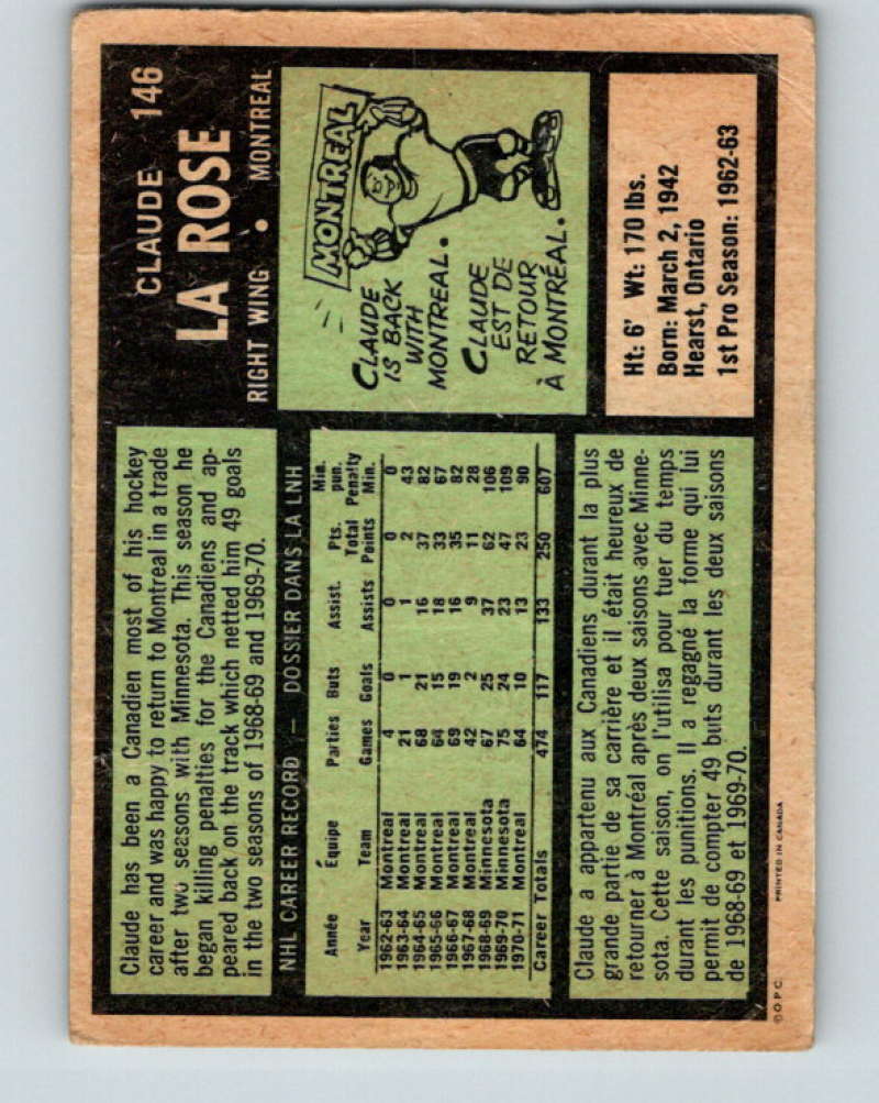 1971-72 O-Pee-Chee #146 Claude Larose UER Montreal Canadiens 8841