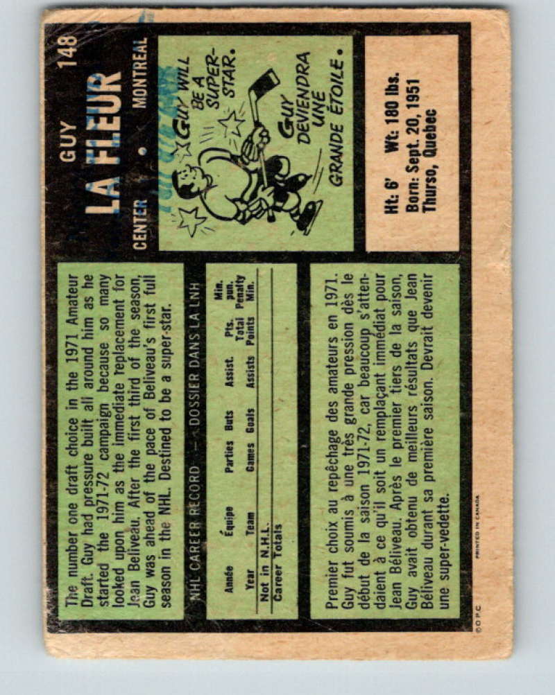 1971-72 O-Pee-Chee #148 Guy Lafleur UER RC Rookie Montreal Canadiens 8843