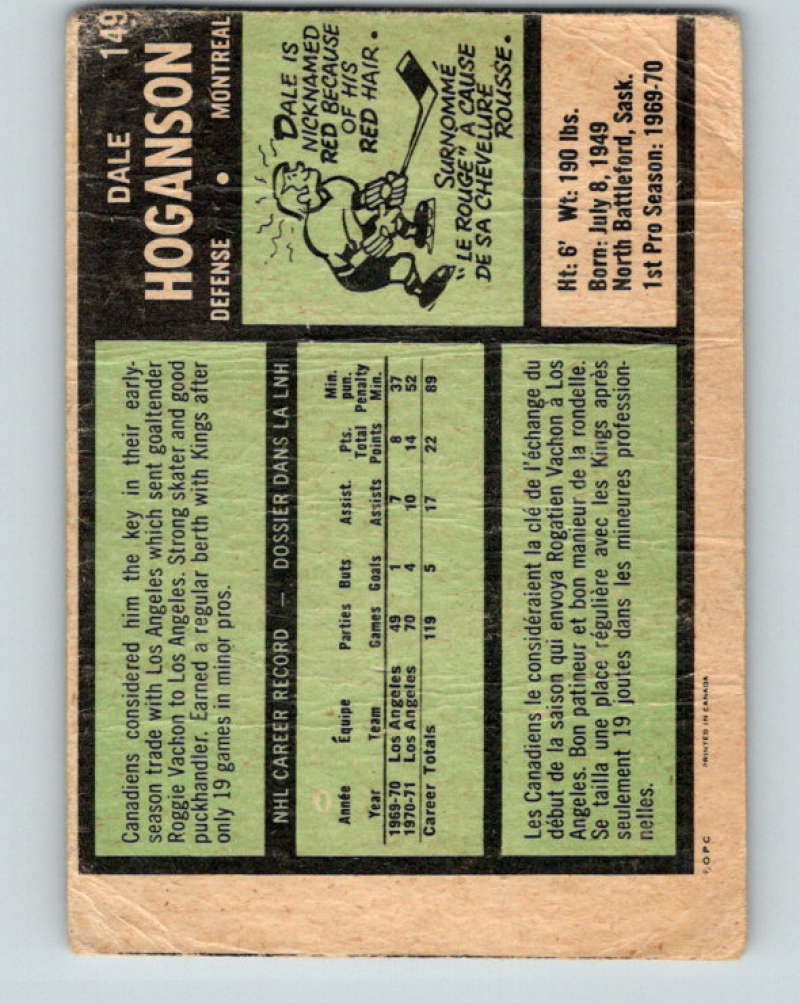 1971-72 O-Pee-Chee #149 Dale Hoganson RC Rookie Montreal Canadiens 8844