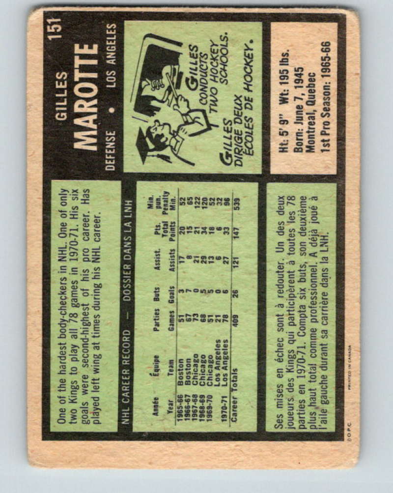 1971-72 O-Pee-Chee #151 Gilles Marotte Los Angeles Kings 8846 Image 2