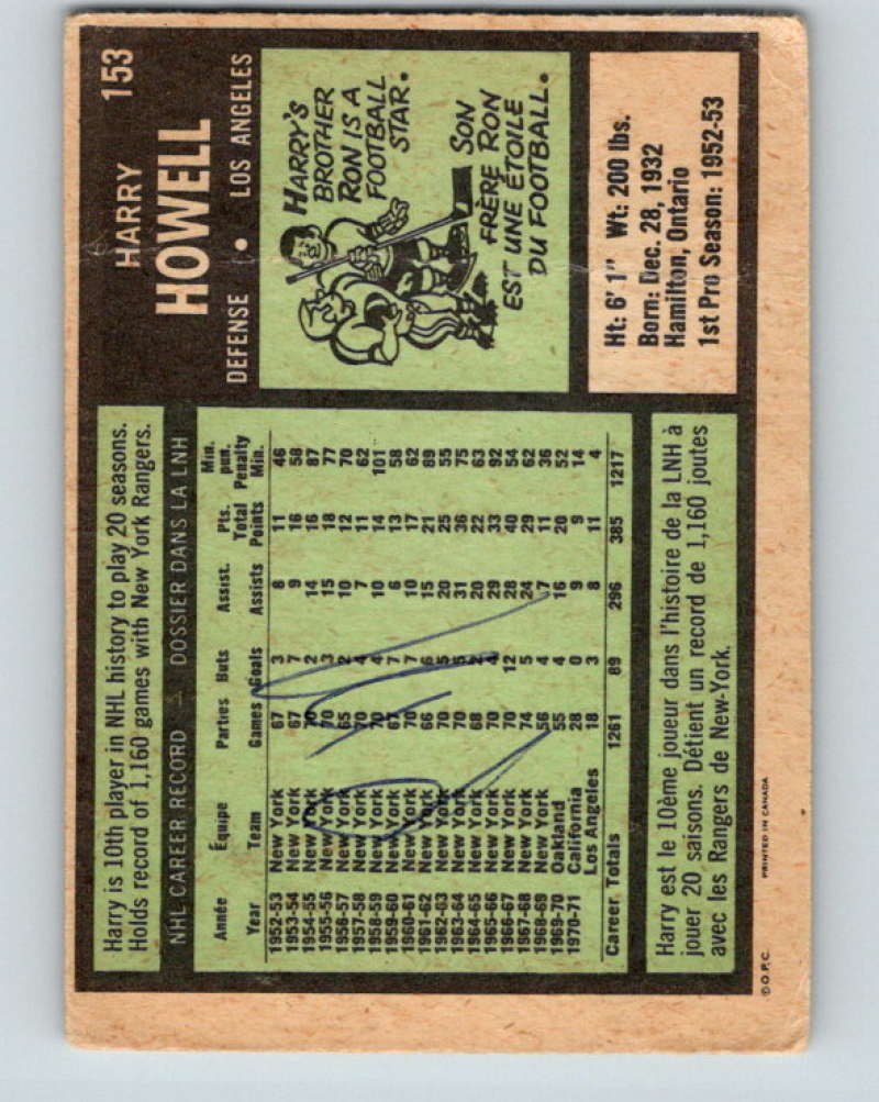 1971-72 O-Pee-Chee #153 Harry Howell Los Angeles Kings 8848 Image 2