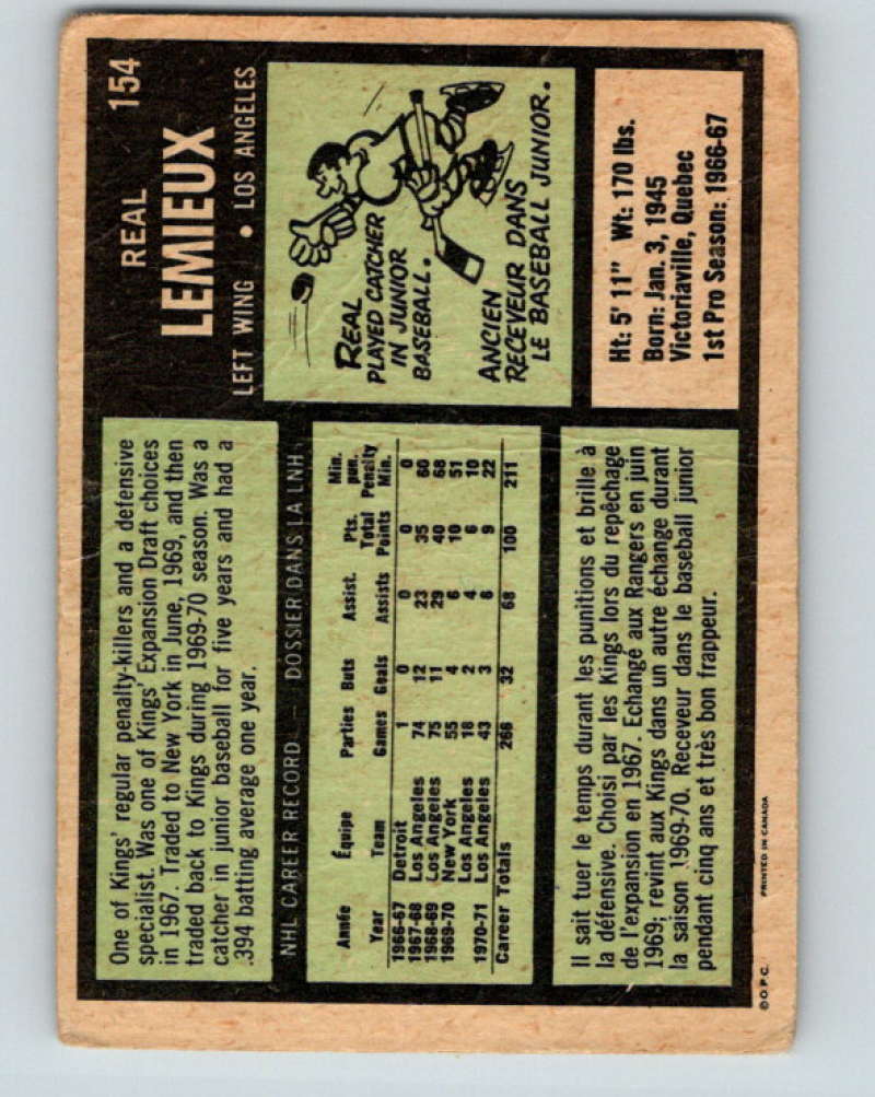1971-72 O-Pee-Chee #154 Real Lemieux Los Angeles Kings 8849