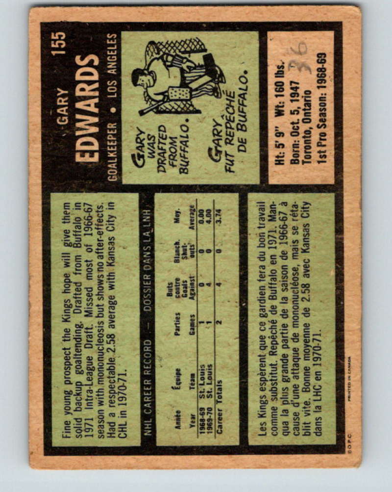 1971-72 O-Pee-Chee #155 Gary Edwards RC Rookie Los Angeles Kings 8850