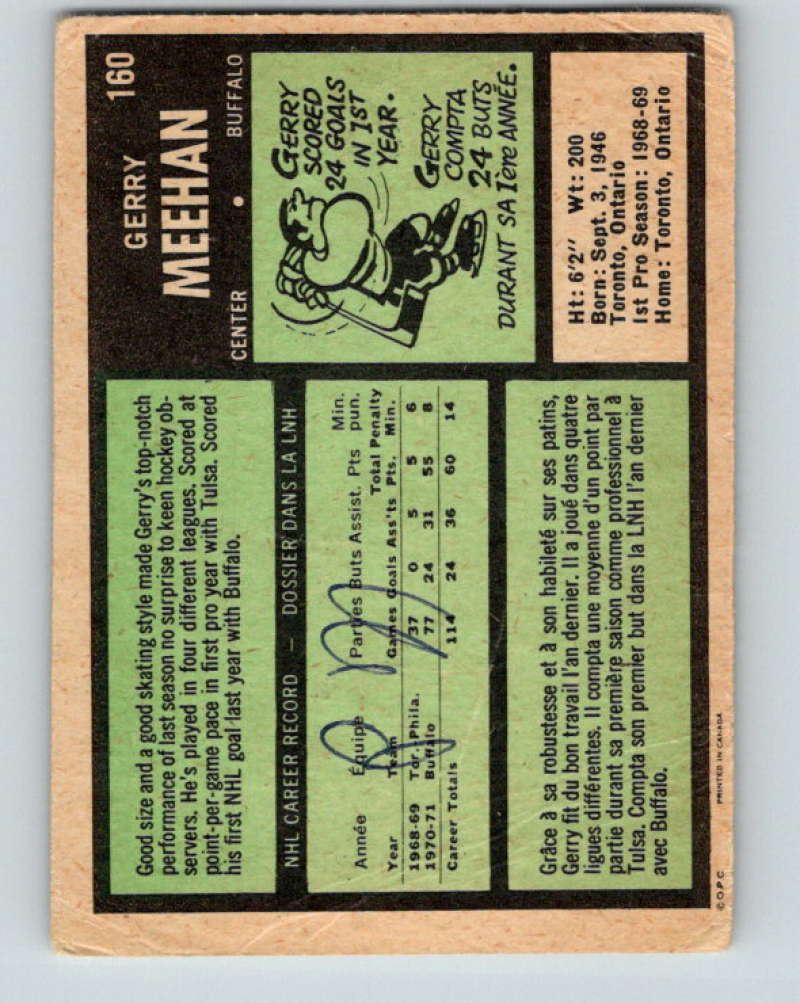 1971-72 O-Pee-Chee #160 Gerry Meehan Buffalo Sabres 8855 Image 2