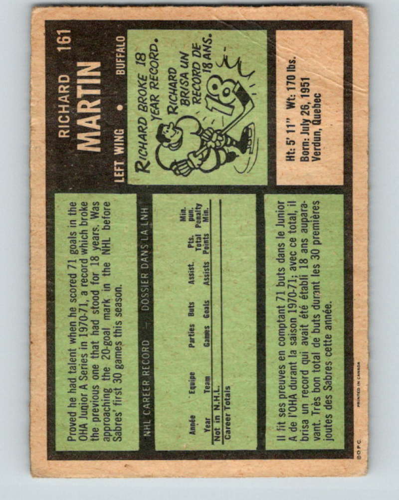 1971-72 O-Pee-Chee #161 Rick Martin RC Rookie Buffalo Sabres 8856
