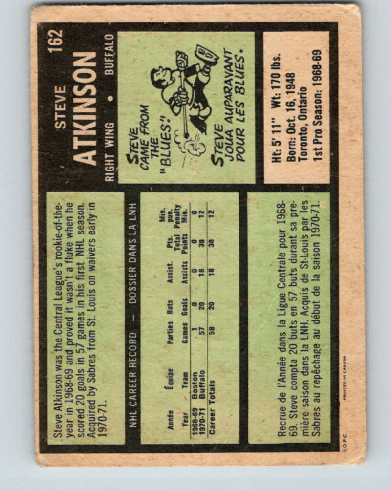 1971-72 O-Pee-Chee #162 Steve Atkinson RC Rookie Buffalo Sabres 8857
