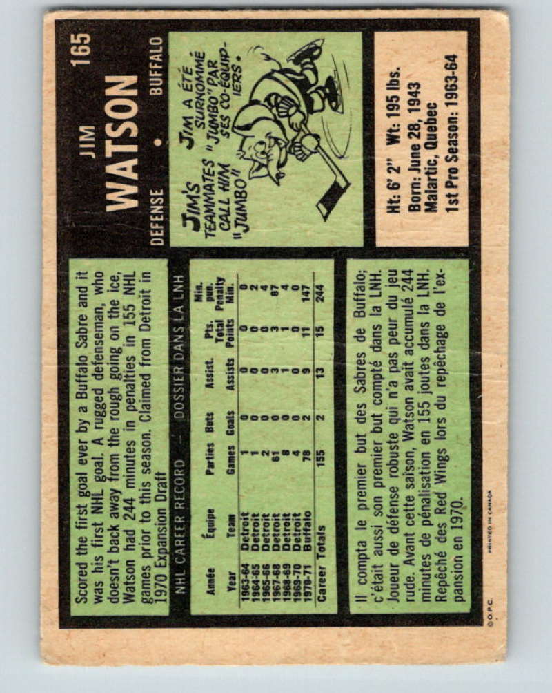 1971-72 O-Pee-Chee #165 Jim Watson Buffalo Sabres 8860 Image 2