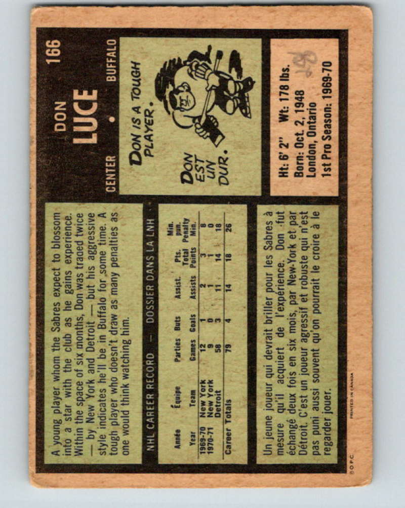 1971-72 O-Pee-Chee #166 Don Luce RC Rookie Buffalo Sabres 8861 Image 2