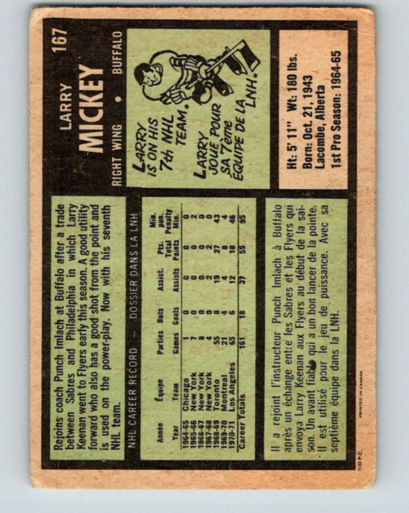 1971-72 O-Pee-Chee #167 Larry Mickey Buffalo Sabres 8862 Image 2