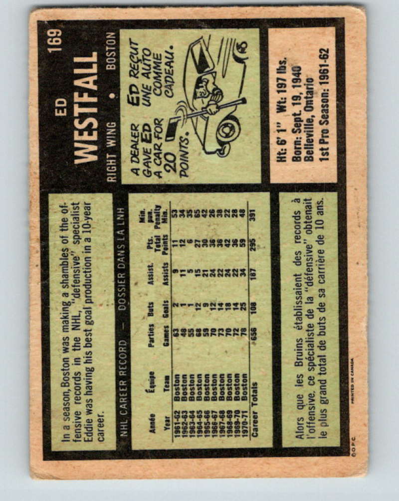 1971-72 O-Pee-Chee #169 Ed Westfall Boston Bruins 8864 Image 2