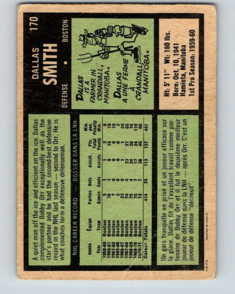 1971-72 O-Pee-Chee #170 Dallas Smith Boston Bruins 8865