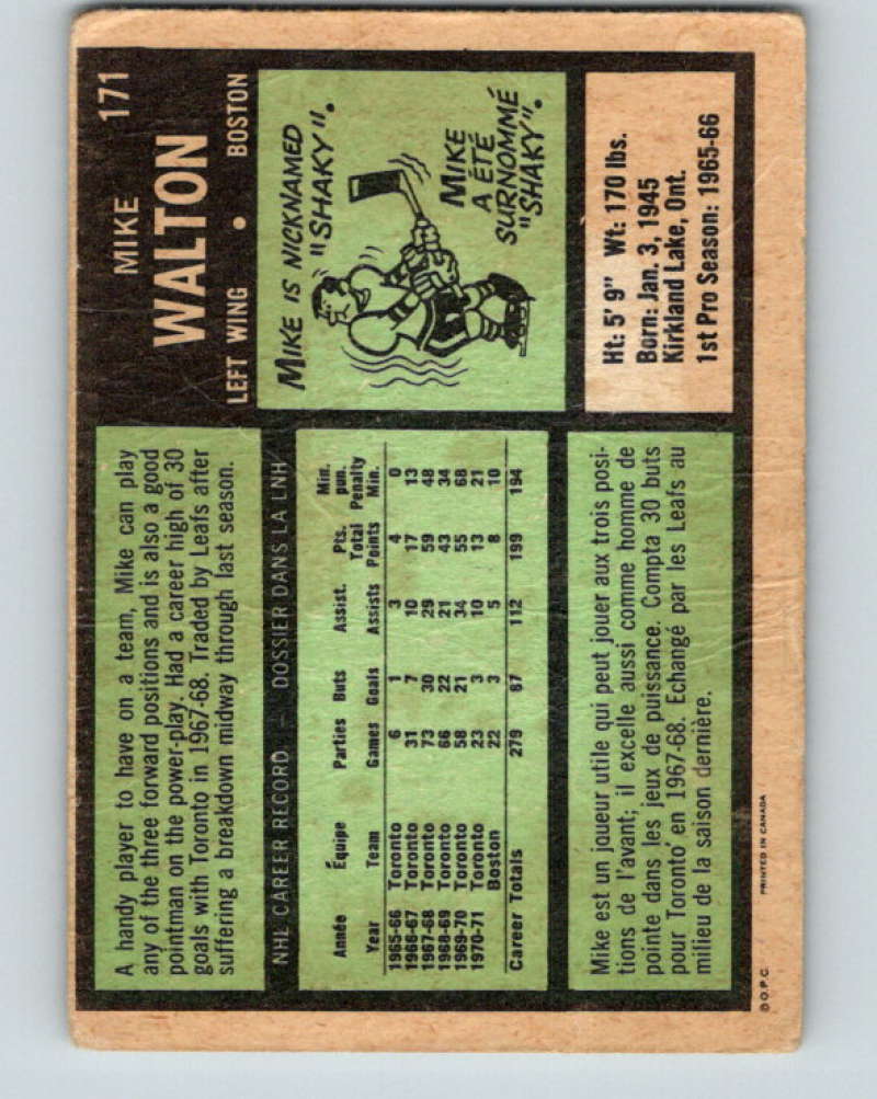 1971-72 O-Pee-Chee #171 Mike Walton Boston Bruins 8866 Image 2