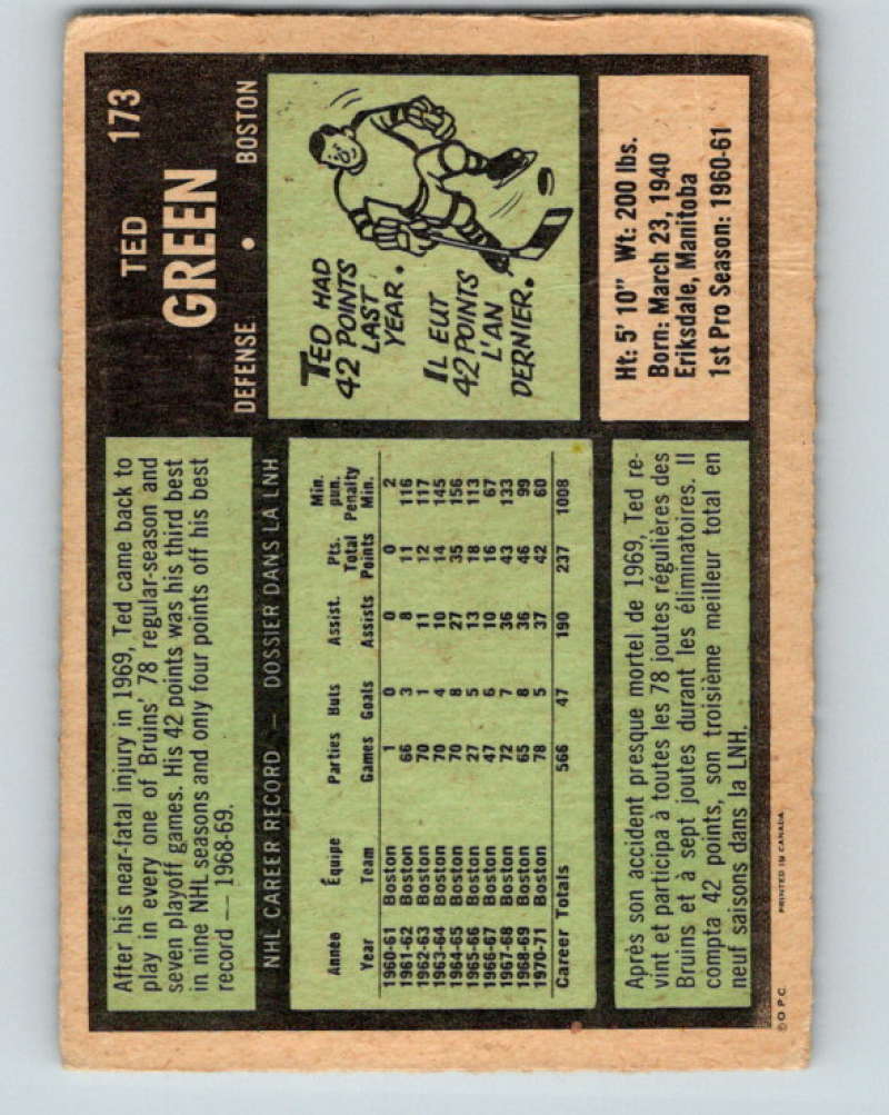 1971-72 O-Pee-Chee #173 Ted Green Boston Bruins 8868