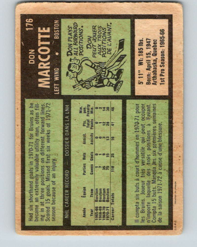 1971-72 O-Pee-Chee #176 Don Marcotte Boston Bruins 8871 Image 2