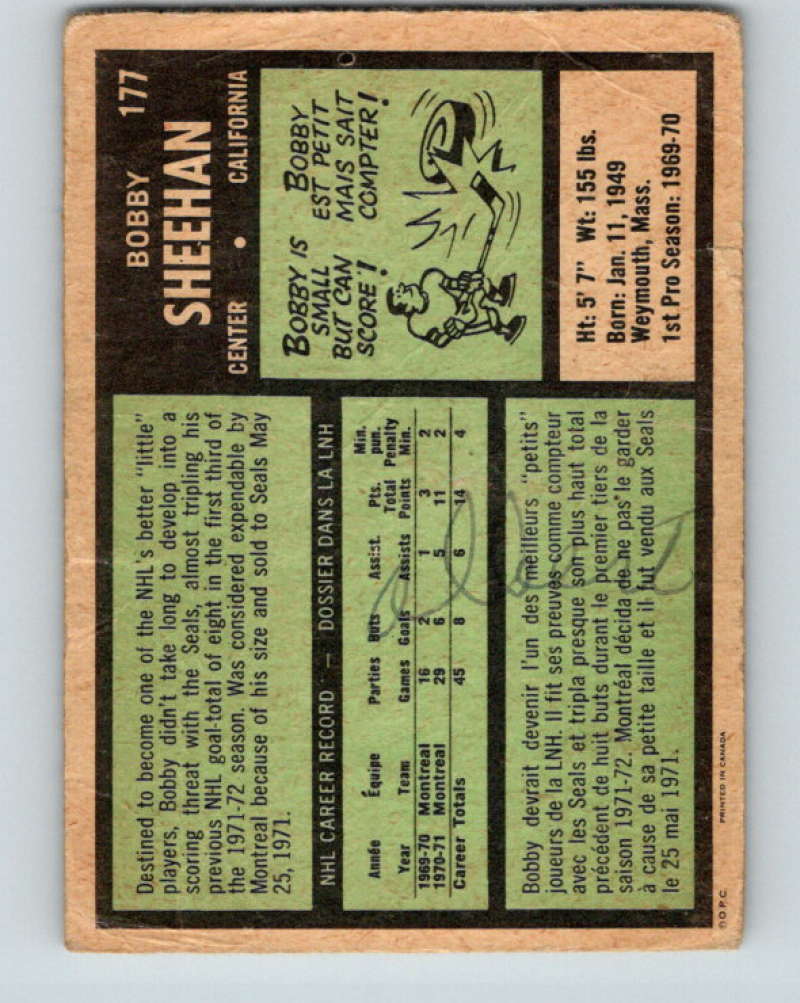 1971-72 O-Pee-Chee #177 Bobby Sheehan RC Rookie California Golden Seals 8872 Image 2