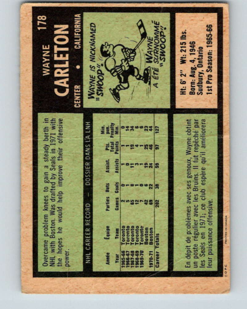 1971-72 O-Pee-Chee #178 Wayne Carleton California Golden Seals 8873 Image 2