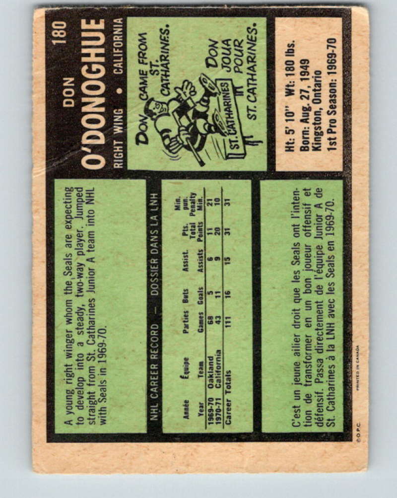 1971-72 O-Pee-Chee #180 Don O'Donoghue RC Rookie California Golden Seals 8875