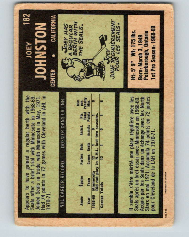 1971-72 O-Pee-Chee #182 Joey Johnston RC Rookie California Golden Seals 8877 Image 2