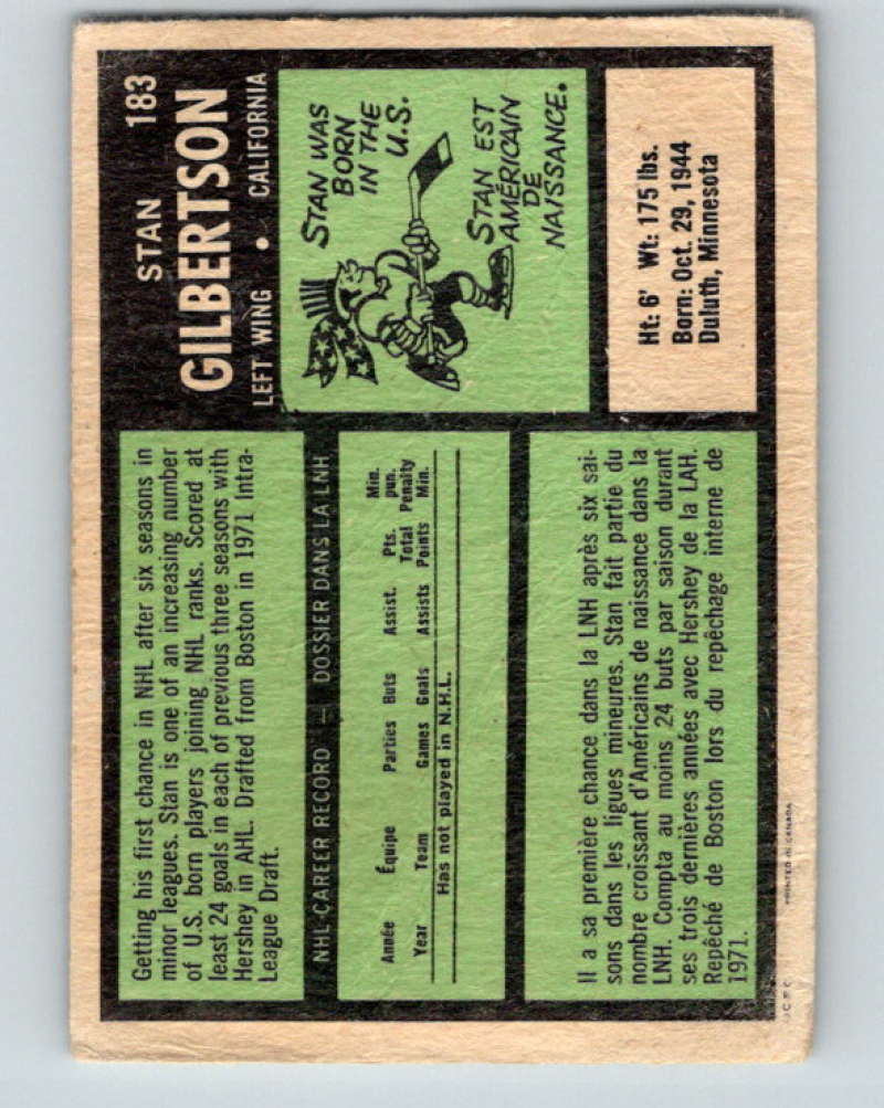 1971-72 O-Pee-Chee #183 Stan Gilbertson RC Rookie California Golden Seals 8878 Image 2