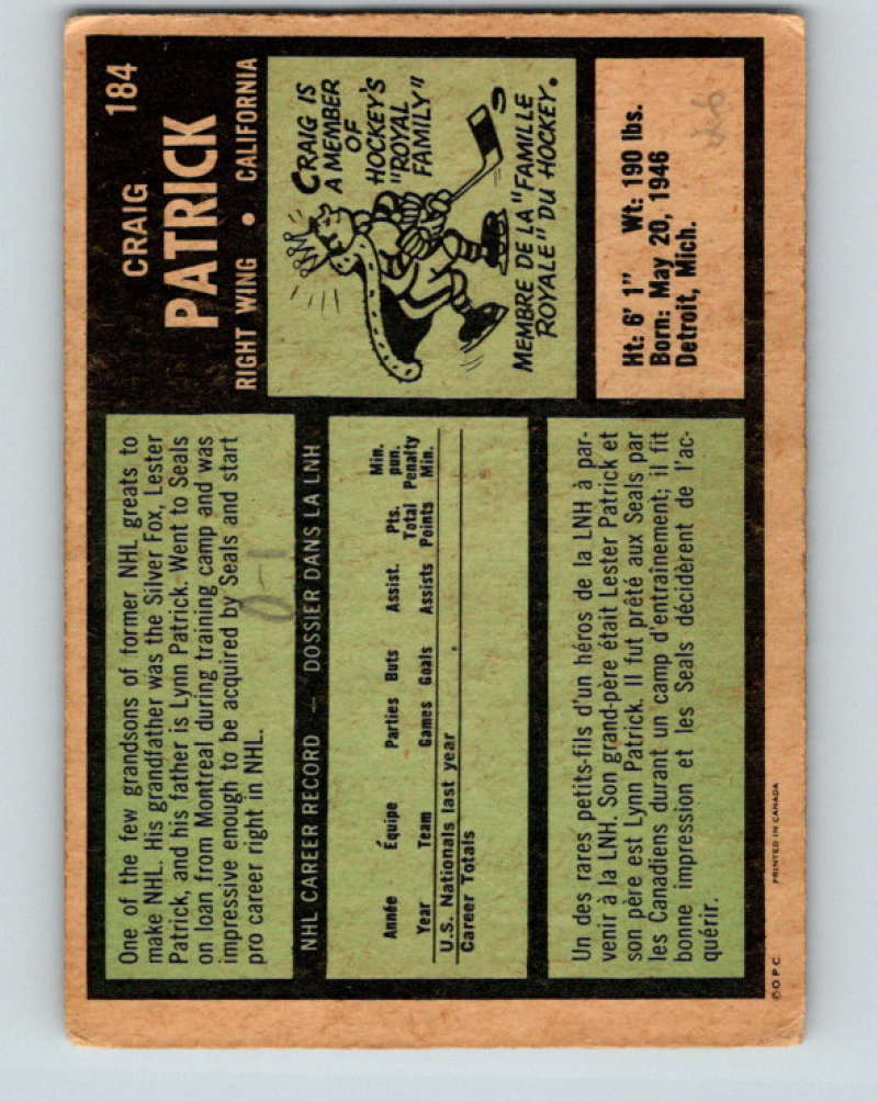 1971-72 O-Pee-Chee #184 Craig Patrick RC Rookie California Golden Seals 8879