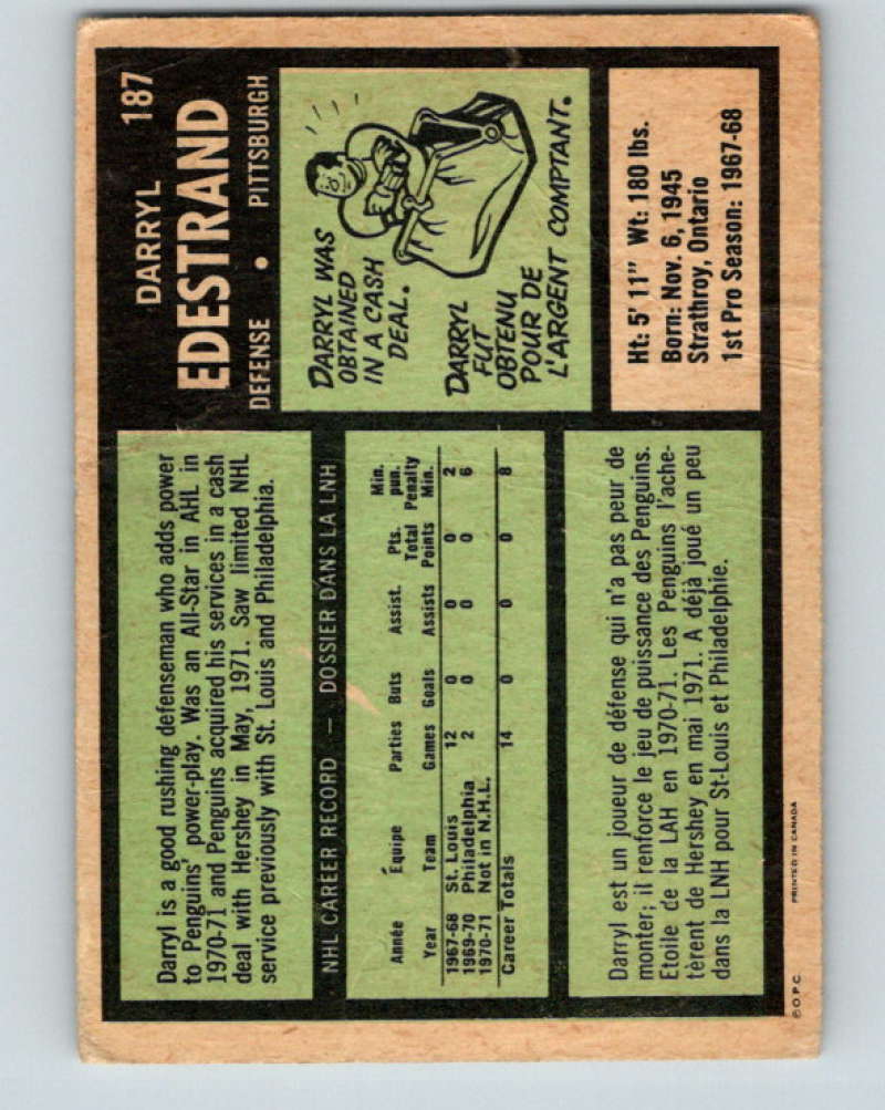 1971-72 O-Pee-Chee #187 Darryl Edestrand RC Rookie Pittsburgh Penguins 8882 Image 2