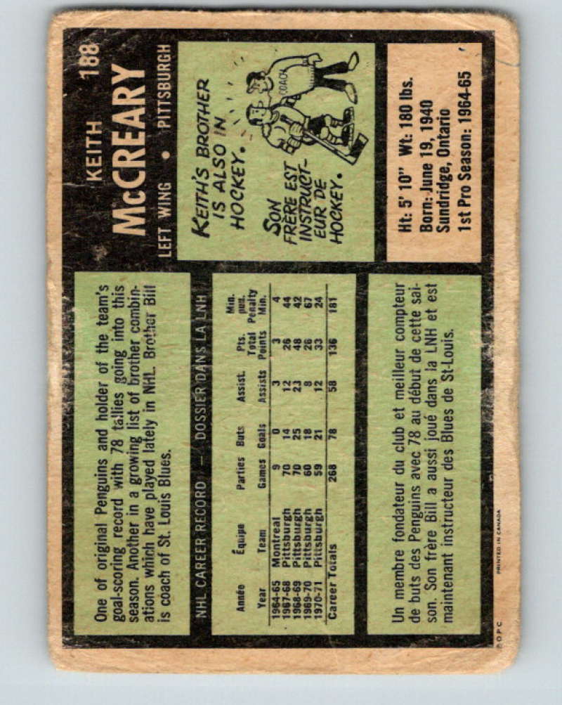 1971-72 O-Pee-Chee #188 Keith McCreary Pittsburgh Penguins 8883 Image 2