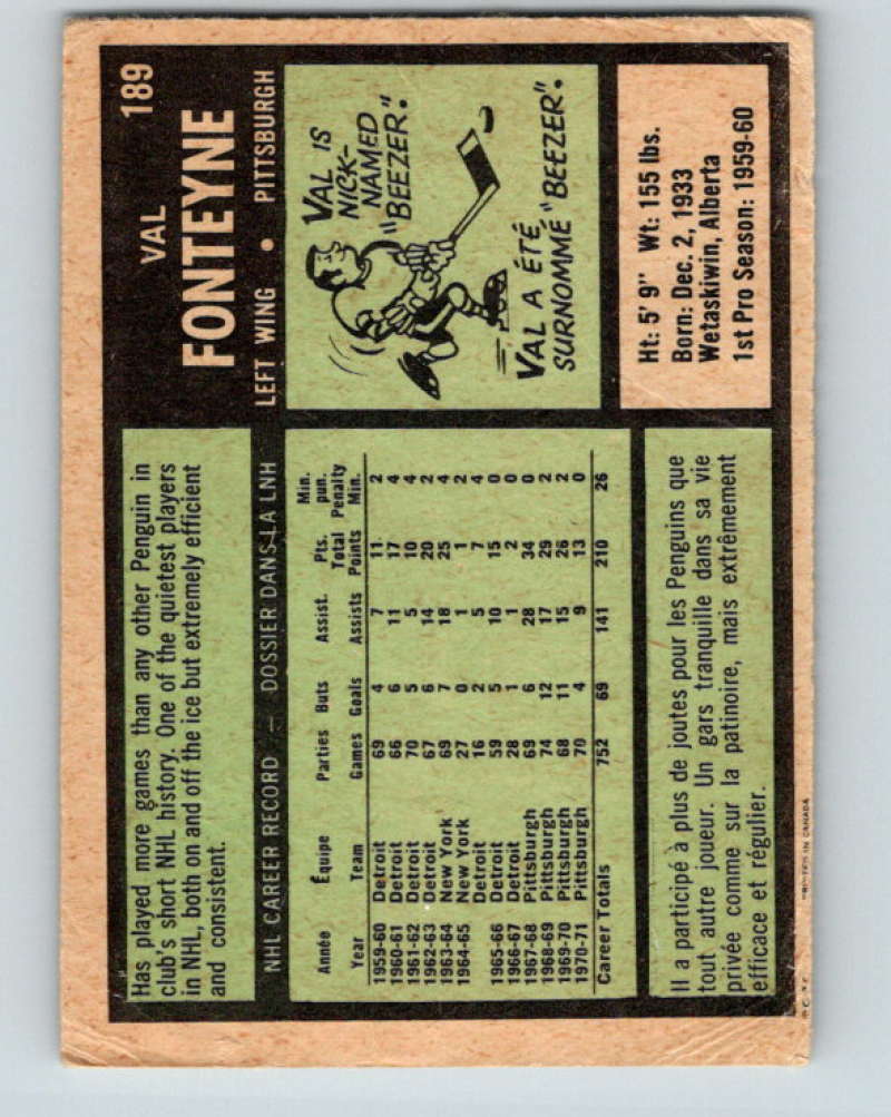 1971-72 O-Pee-Chee #189 Val Fonteyne Pittsburgh Penguins 8884 Image 2