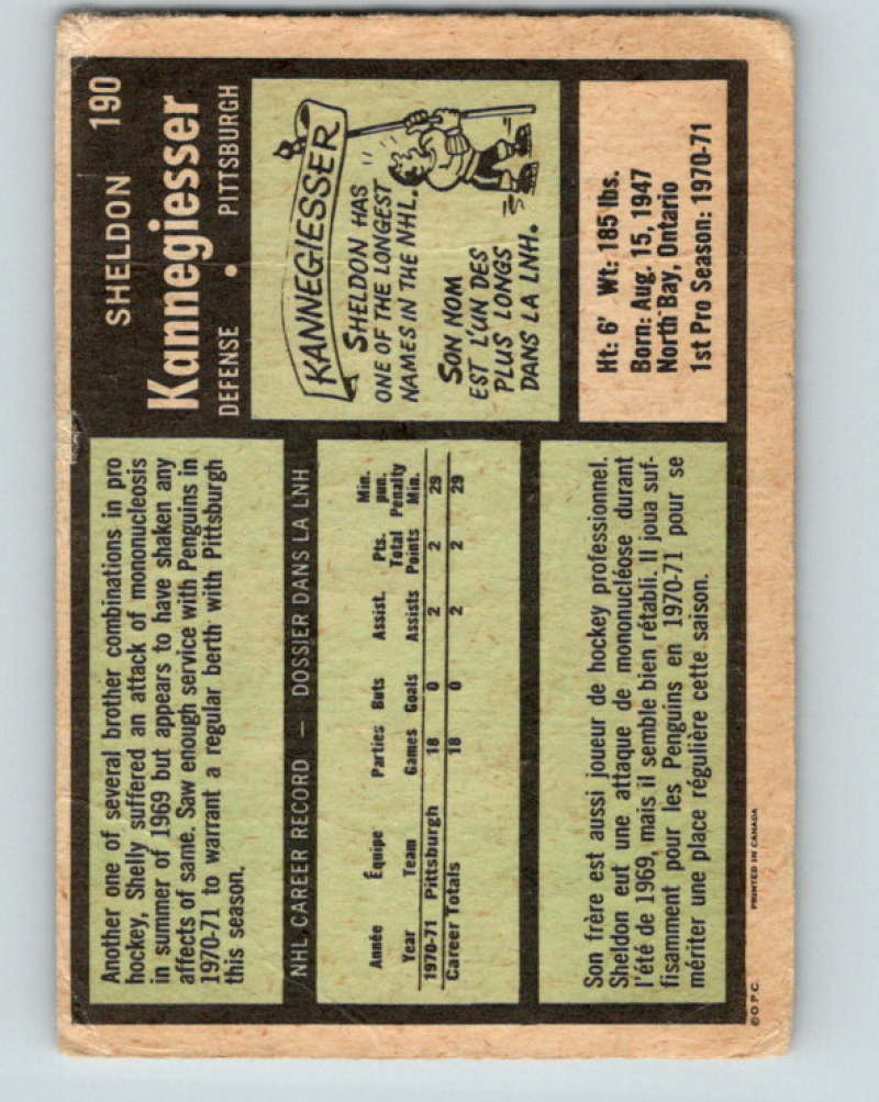 1971-72 O-Pee-Chee #190 Sheldon Kannegiesser RC Rookie 8885