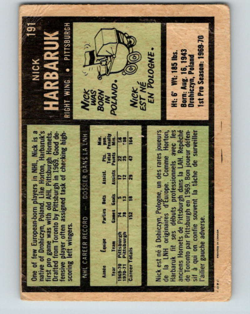 1971-72 O-Pee-Chee #191 Nick Harbaruk RC Rookie Penguins 8886 Image 2