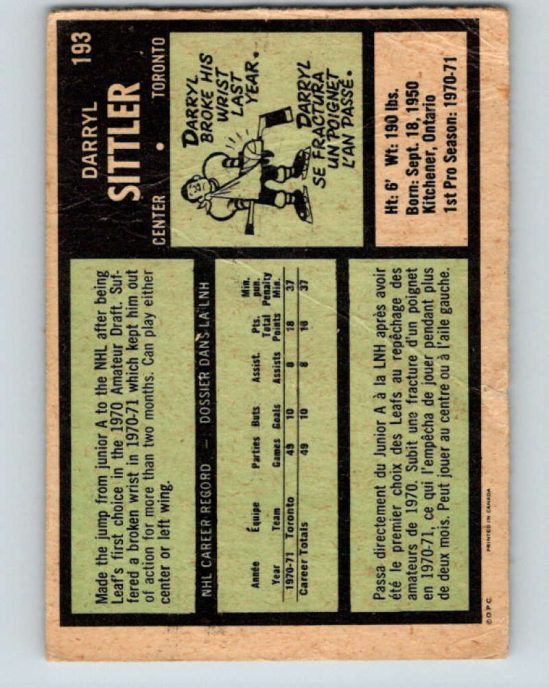 1971-72 O-Pee-Chee #193 Darryl Sittler Toronto Maple Leafs 8888
