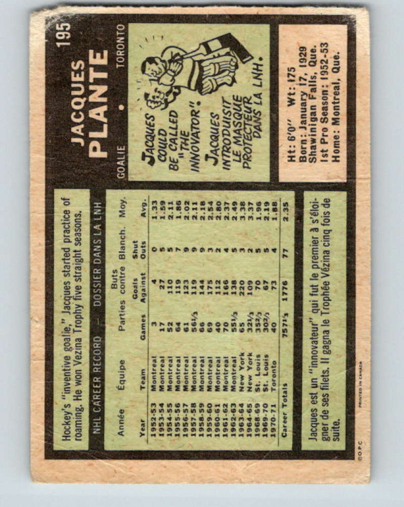 1971-72 O-Pee-Chee #195 Jacques Plante Toronto Maple Leafs 8890 Image 2