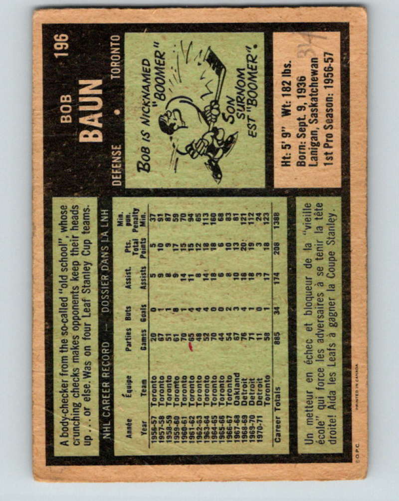 1971-72 O-Pee-Chee #196 Bob Baun Toronto Maple Leafs 8891 Image 2