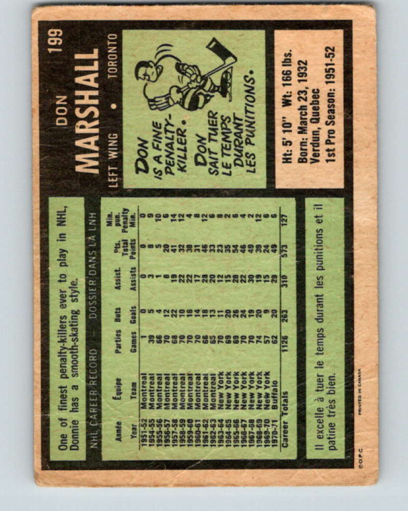 1971-72 O-Pee-Chee #199 Don Marshall Toronto Maple Leafs 8894 Image 2