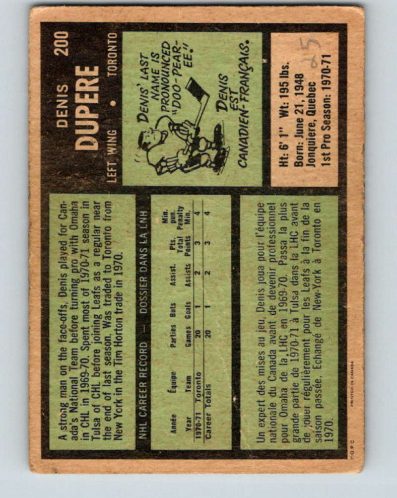 1971-72 O-Pee-Chee #200 Denis Dupere RC Rookie Toronto Maple Leafs 8895 Image 2