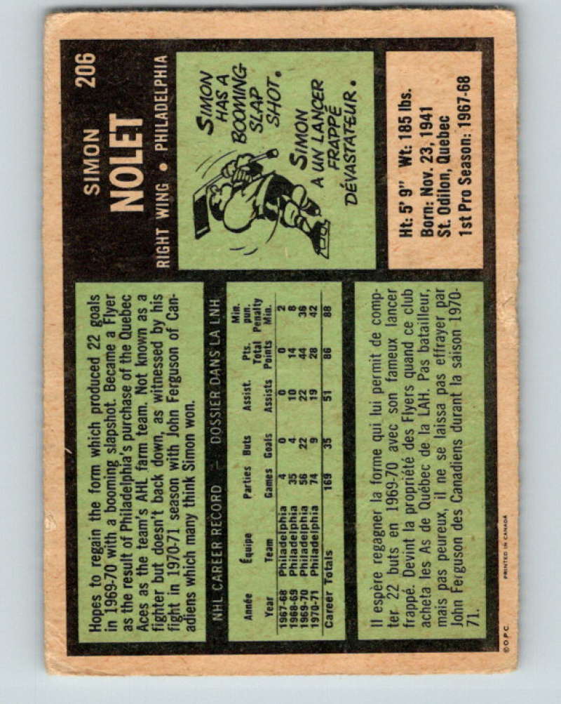 1971-72 O-Pee-Chee #206 Simon Nolet Philadelphia Flyers 8901 Image 2