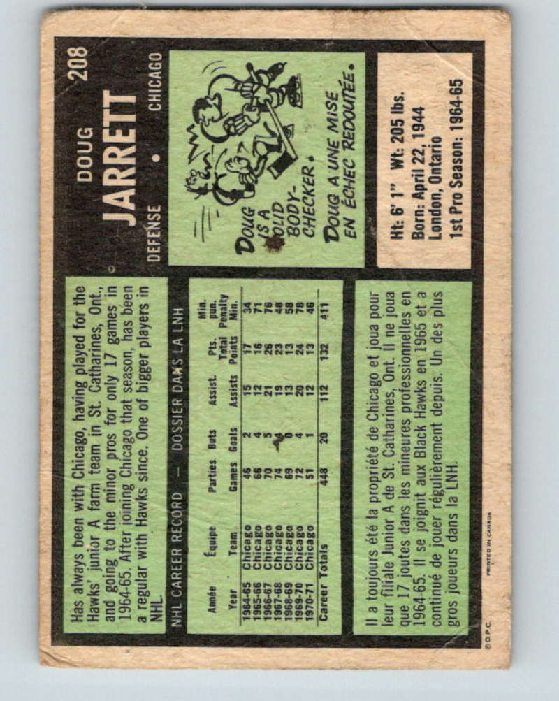 1971-72 O-Pee-Chee #208 Doug Jarrett Chicago Blackhawks 8903 Image 2