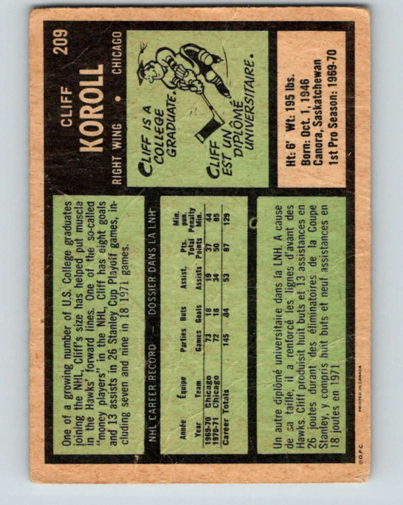 1971-72 O-Pee-Chee #209 Cliff Koroll Chicago Blackhawks 8904 Image 2
