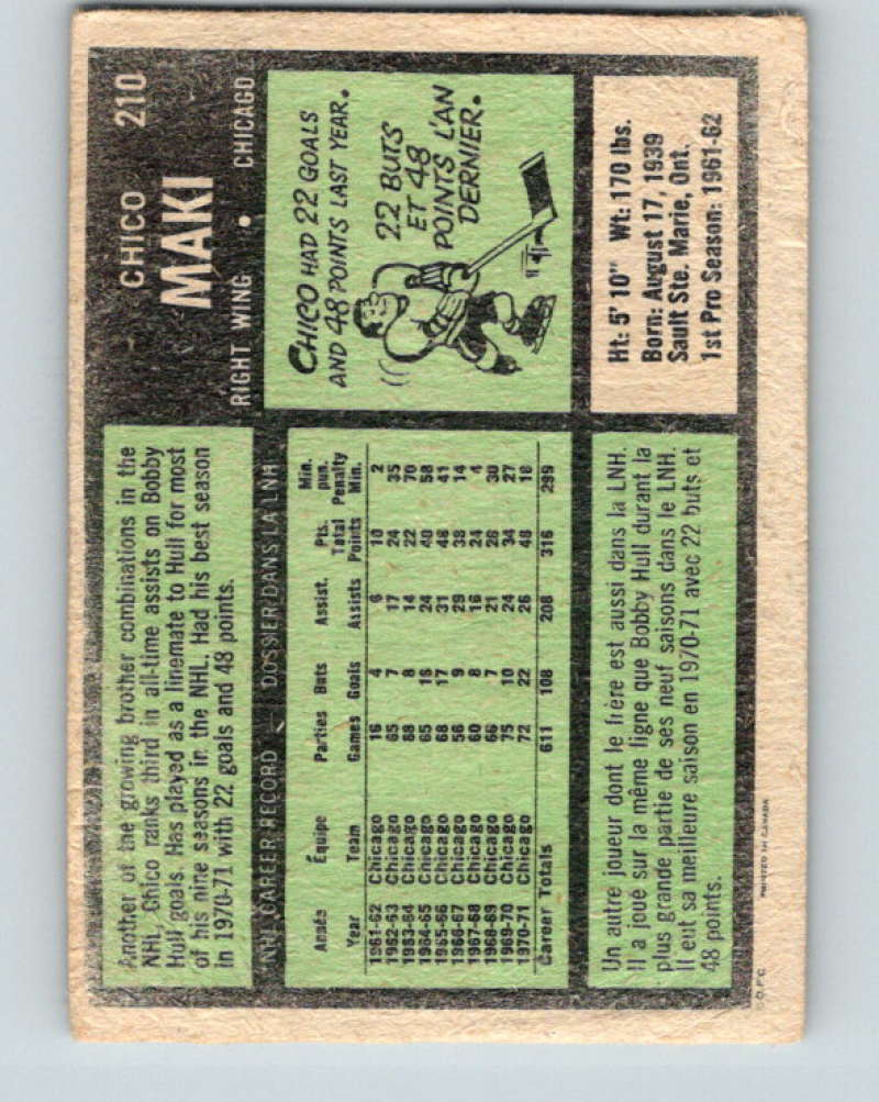 1971-72 O-Pee-Chee #210 Chico Maki Chicago Blackhawks 8905 Image 2