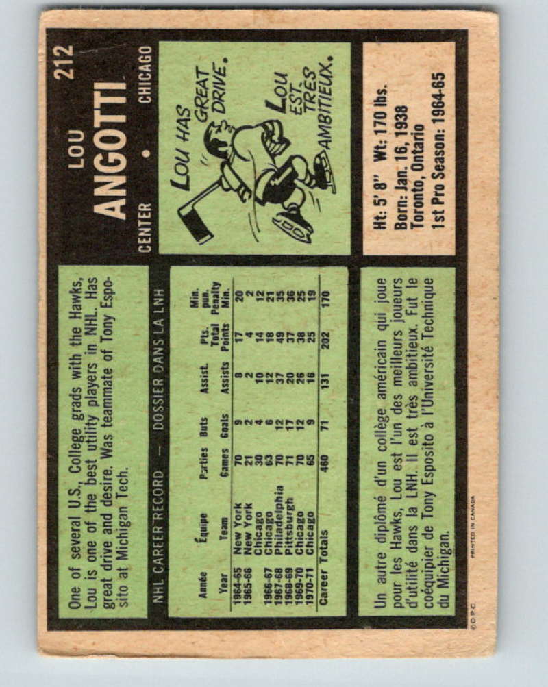 1971-72 O-Pee-Chee #212 Lou Angotti Chicago Blackhawks 8907 Image 2