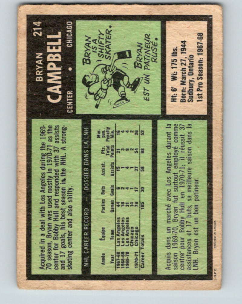 1971-72 O-Pee-Chee #214 Bryan Campbell Chicago Blackhawks 8909