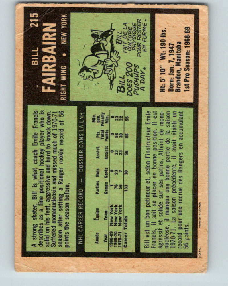 1971-72 O-Pee-Chee #215 Bill Fairbairn RC Rookie New York Rangers 8910