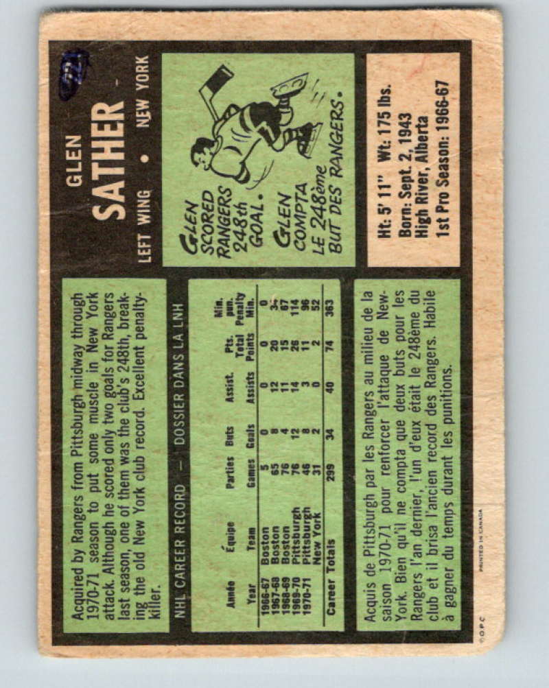1971-72 O-Pee-Chee #221 Glen Sather New York Rangers 8916 Image 2