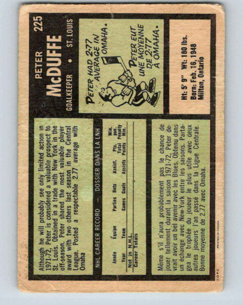 1971-72 O-Pee-Chee #225 Peter McDuffe RC Rookie St. Louis Blues 8920