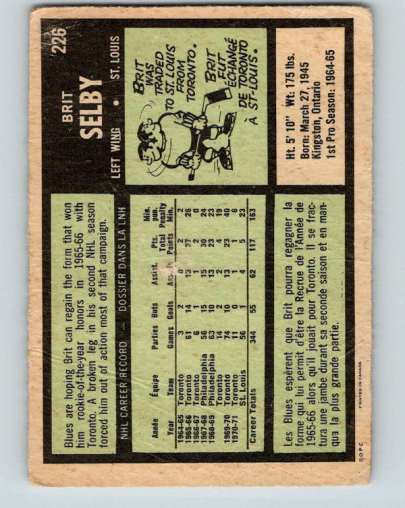 1971-72 O-Pee-Chee #226 Brit Selby St. Louis Blues 8921 Image 2