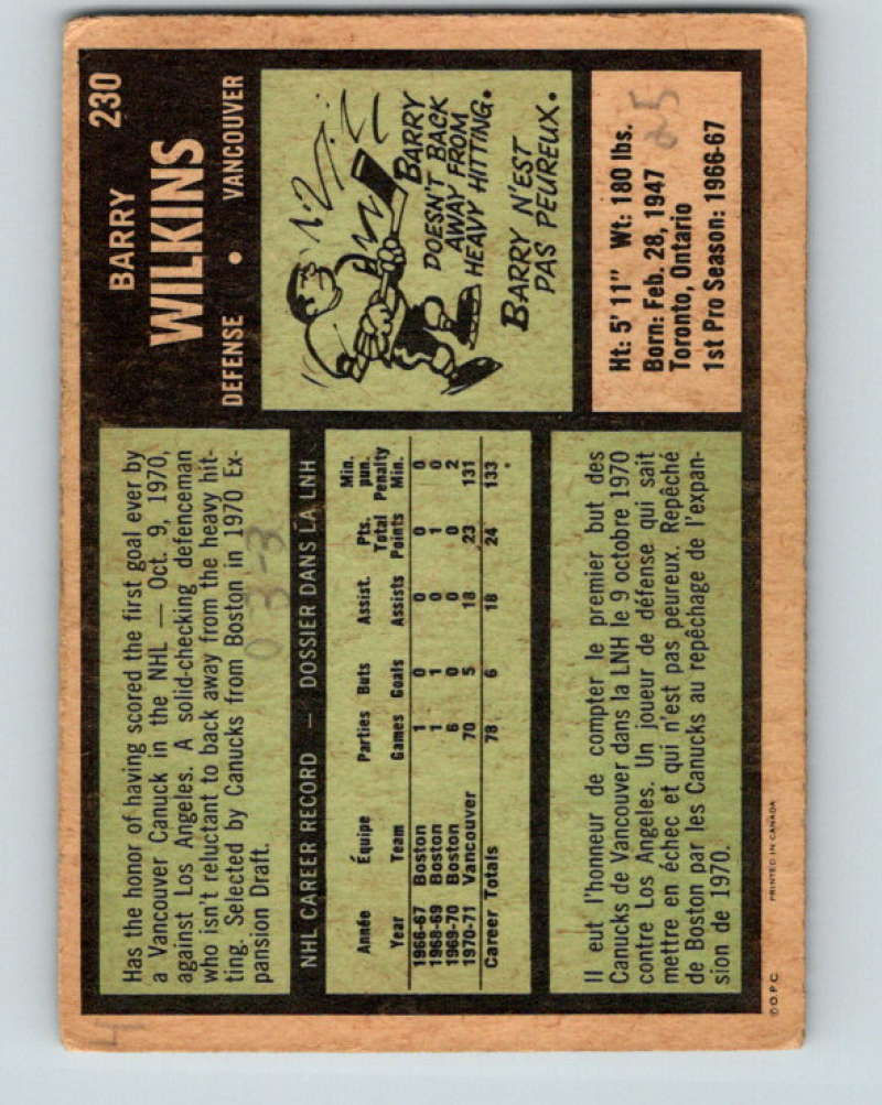 1971-72 O-Pee-Chee #230 Barry Wilkins RC Rookie Canucks 8925 Image 2