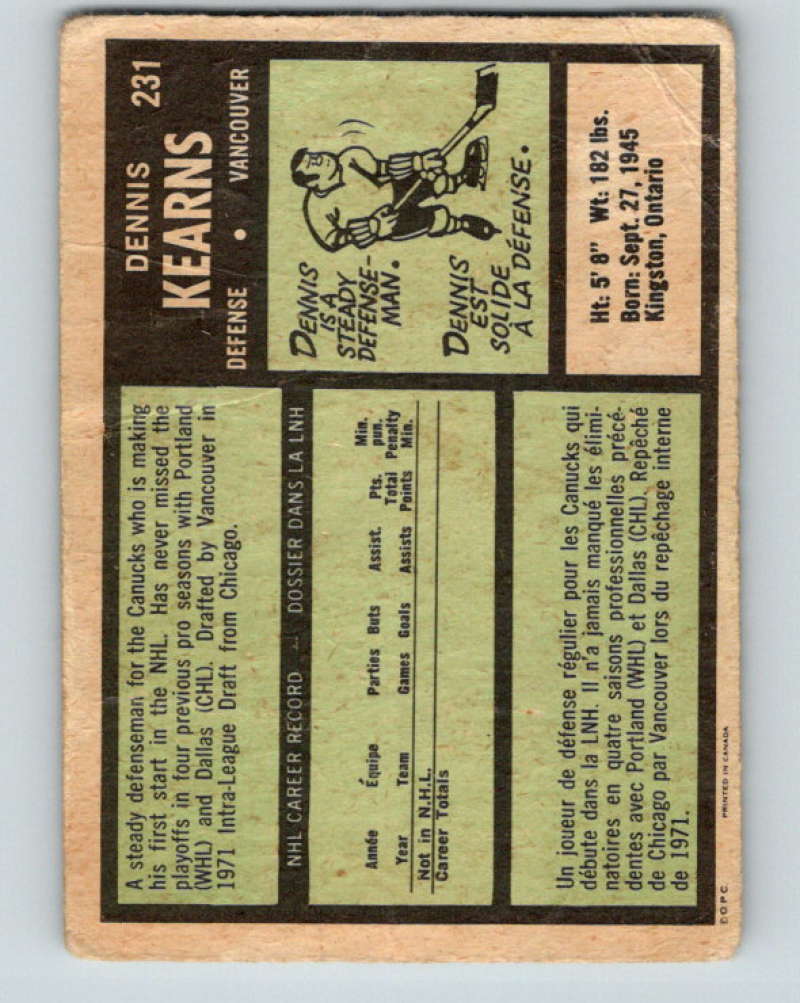 1971-72 O-Pee-Chee #231 Dennis Kearns RC Rookie Canucks 8926 Image 2