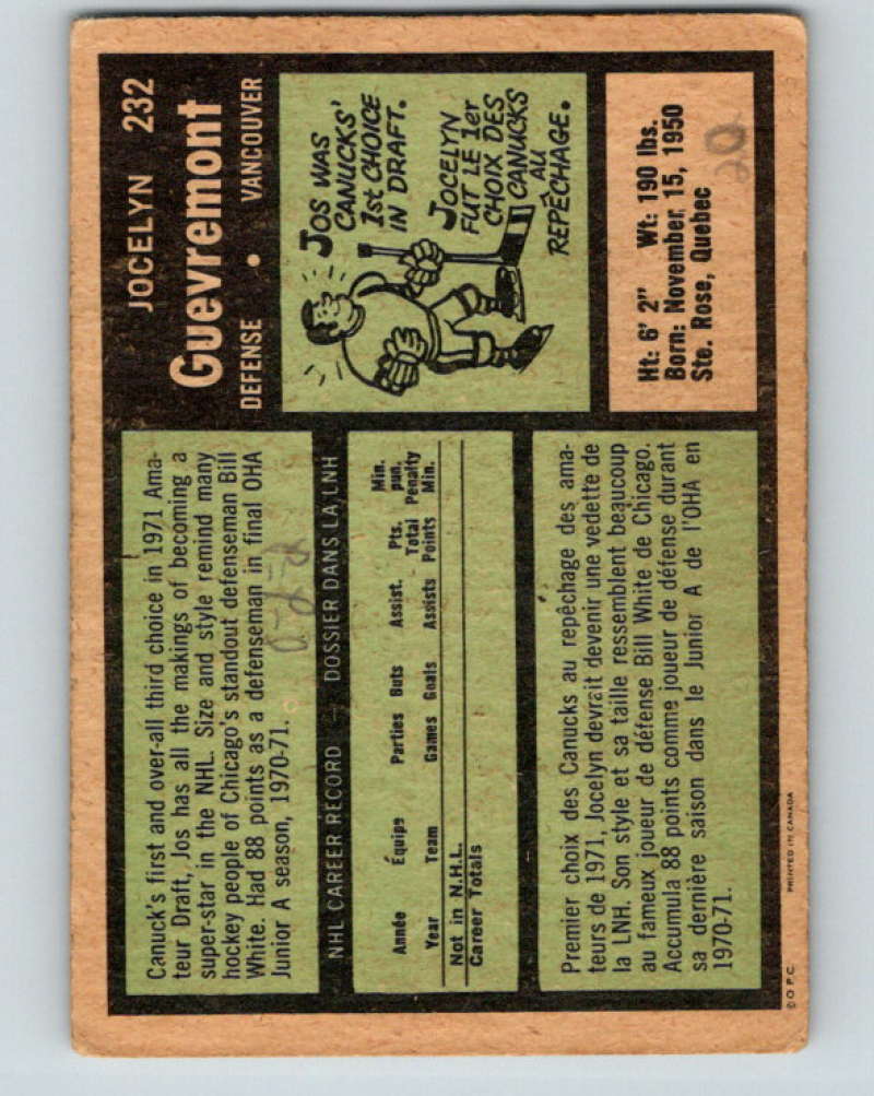 1971-72 O-Pee-Chee #232 Jocelyn Guevremont RC Rookie Canucks 8927 Image 2