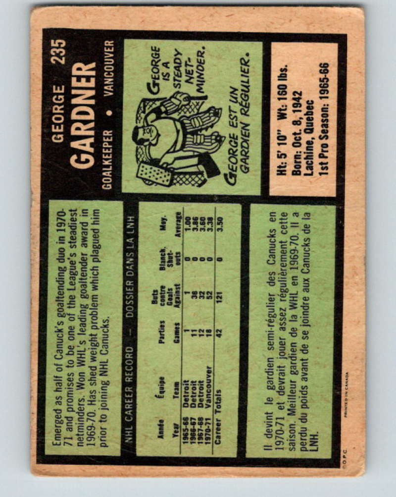 1971-72 O-Pee-Chee #235 George Gardner Vancouver Canucks 8930 Image 2