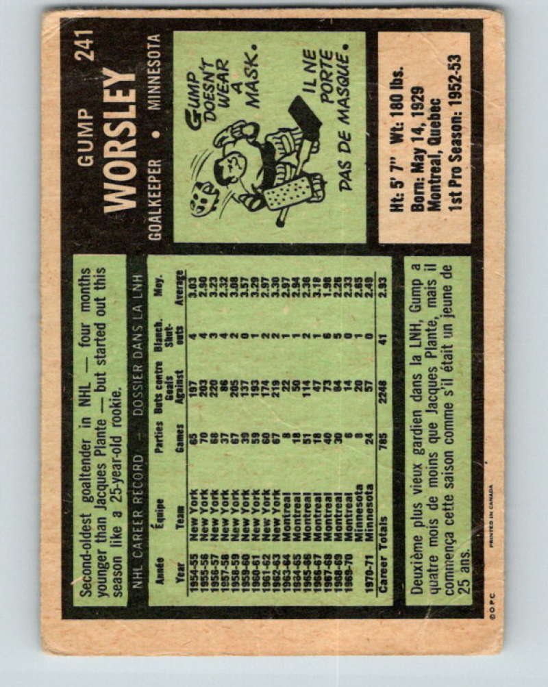 1971-72 O-Pee-Chee #241 Gump Worsley Minnesota North Stars 8936
