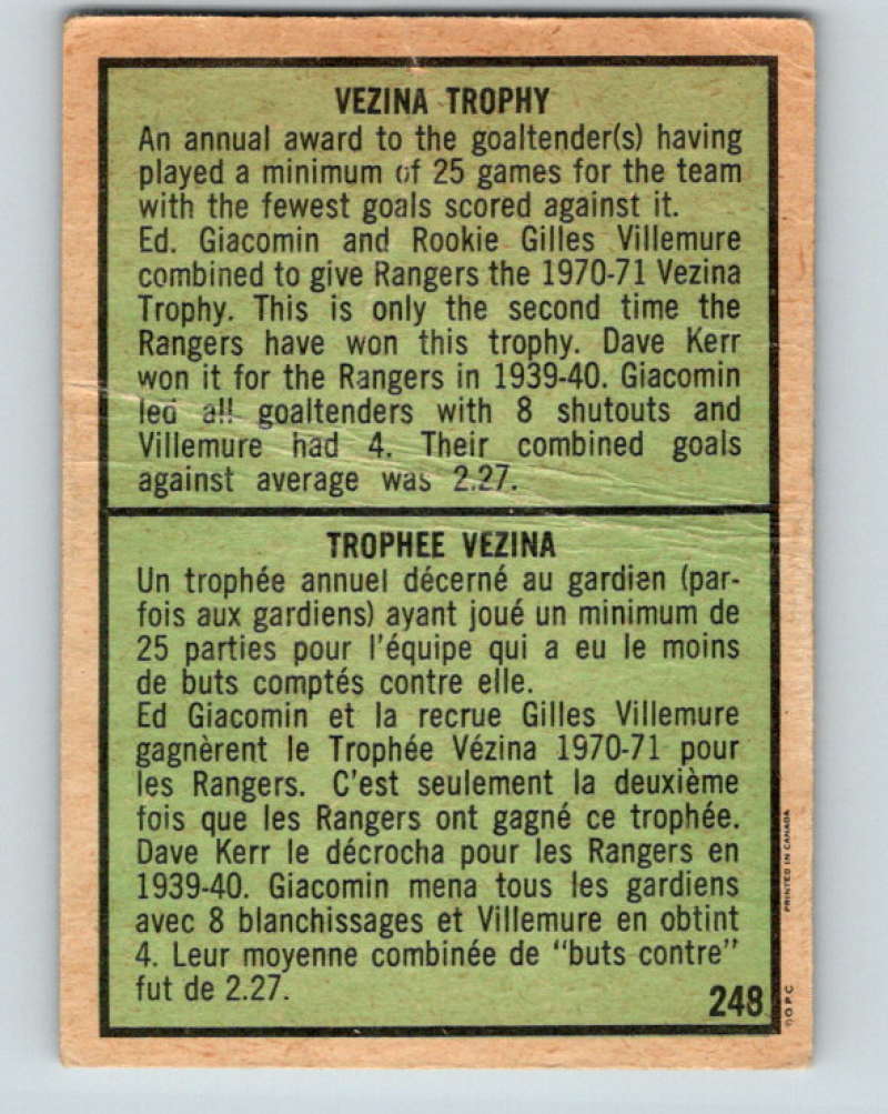 1971-72 O-Pee-Chee #248 Ed Giacomin/Gilles Villemure TR 8943 Image 2